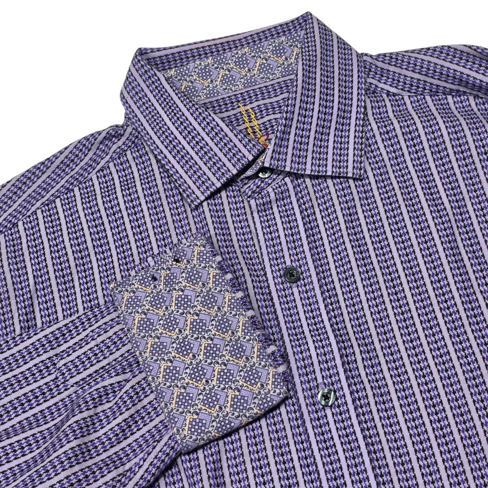 Robert Graham Button Down Mens Large Purple Striped Flip Cuff Cotton Shirt